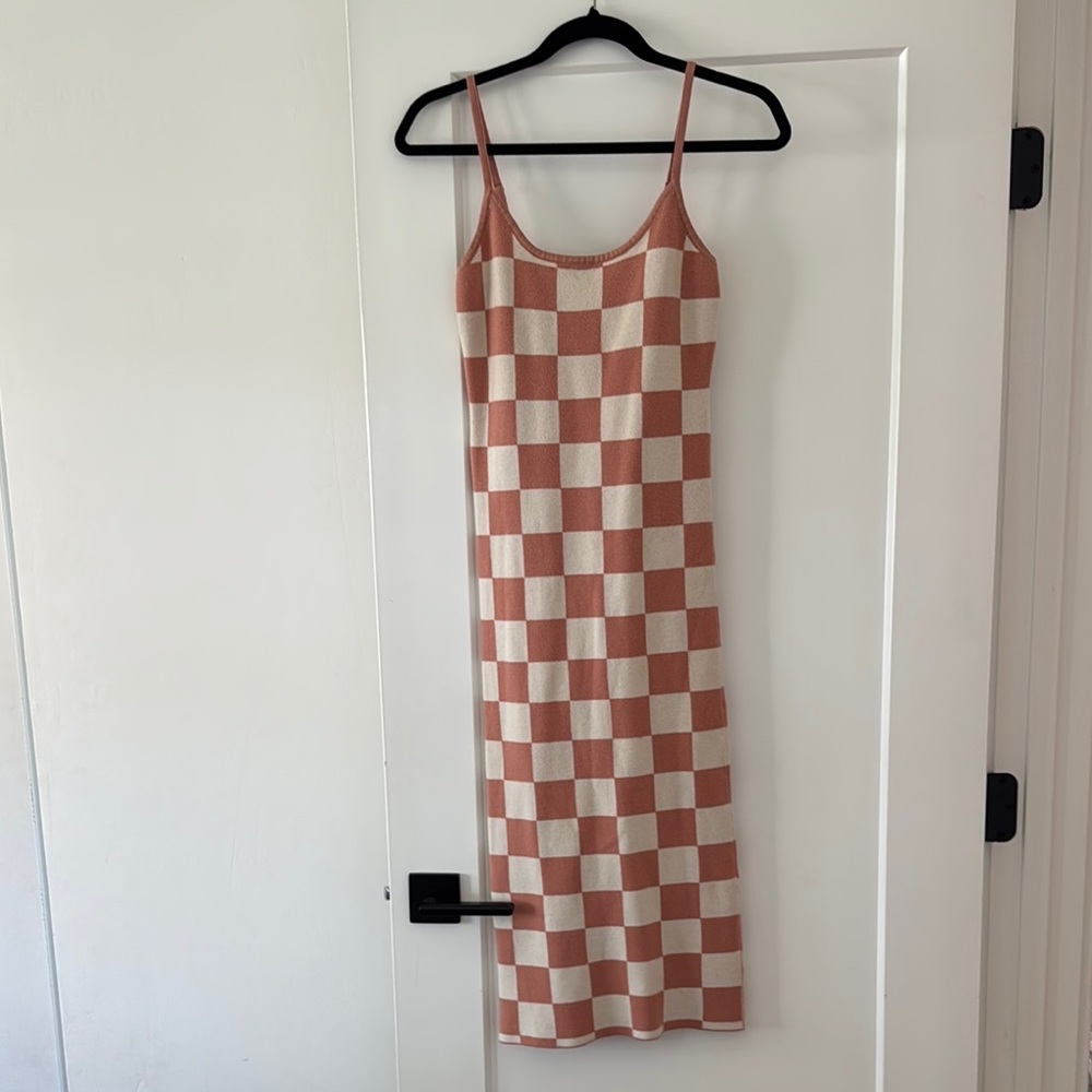 Pink and White Checkered Midi Dress Resort Wear
